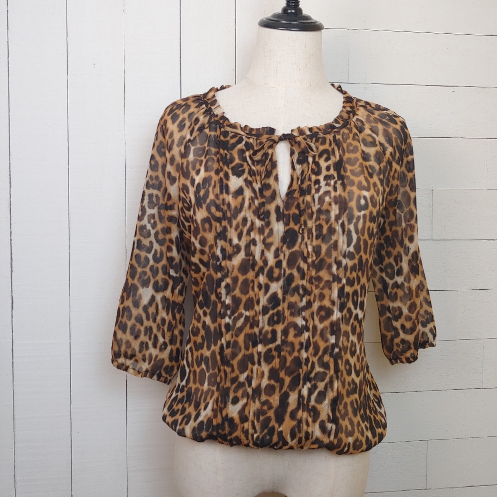 EXPRESS Leopard Print Semi Sheer 3/4 Sleeve Shirt Size XS
